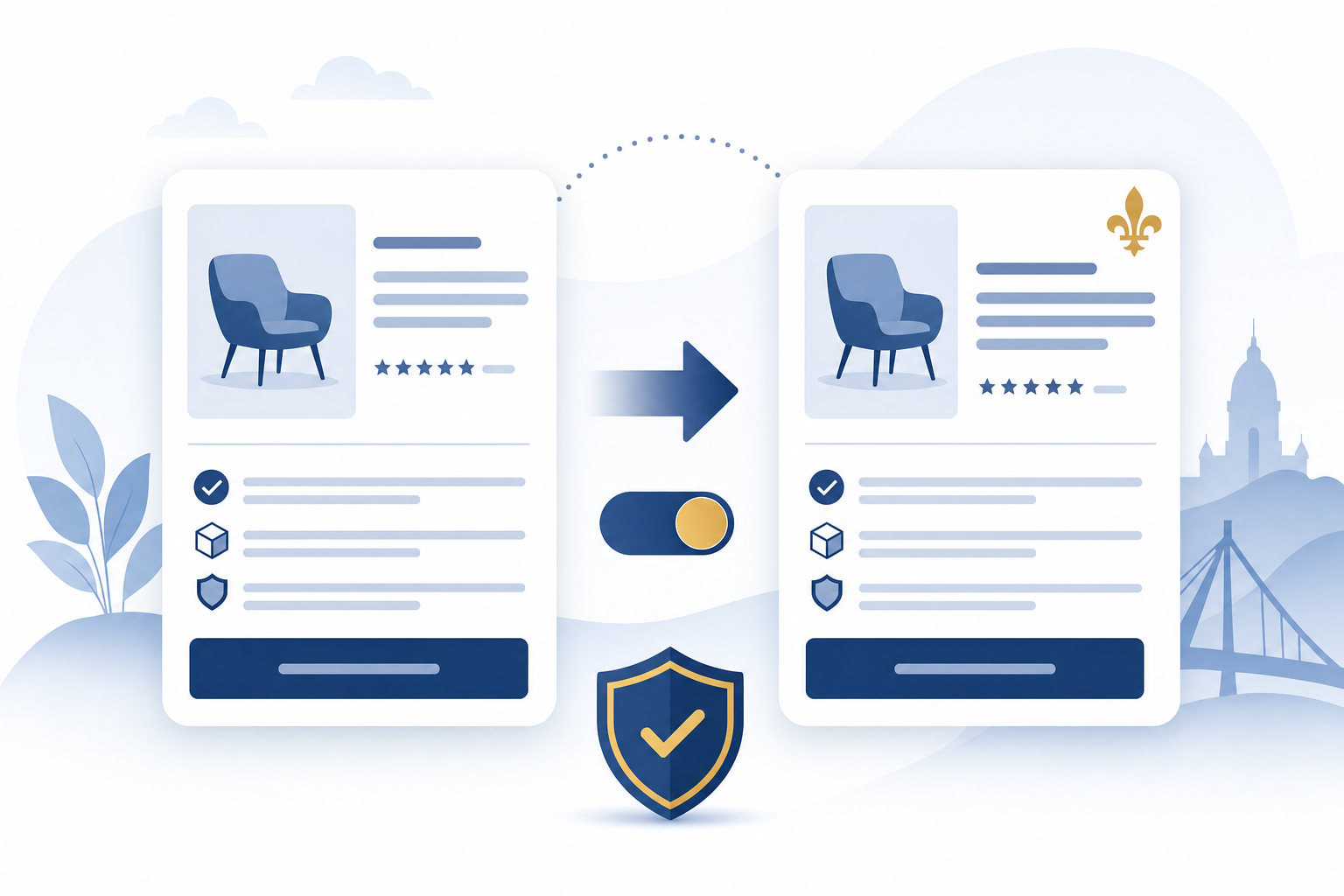 A Shopify product listing translated from English to Québec French, with a language toggle and a compliance shield
